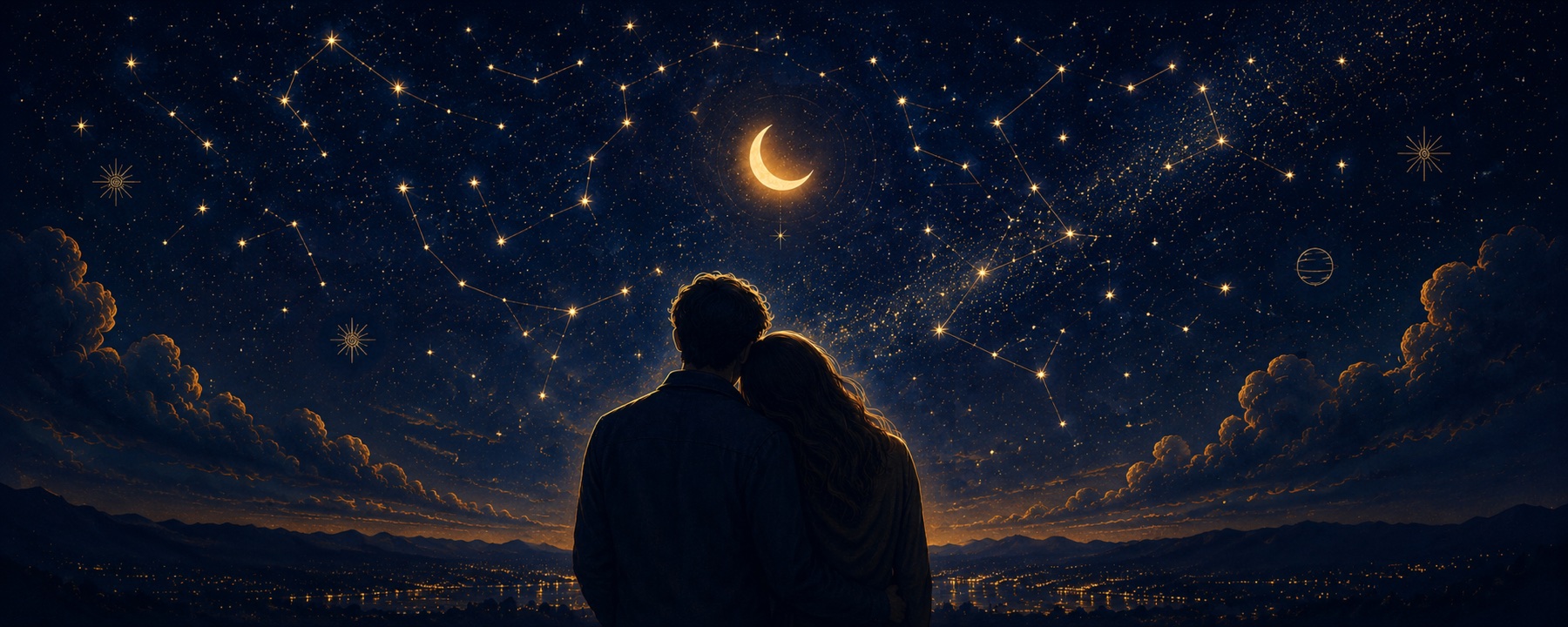 A couple gazing up at a starry night sky full of constellations